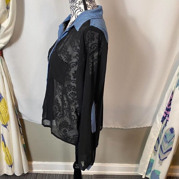 Olsenboye chambray and black sheer snap up long sleeve shirt lightweight - Picture 6 of 11